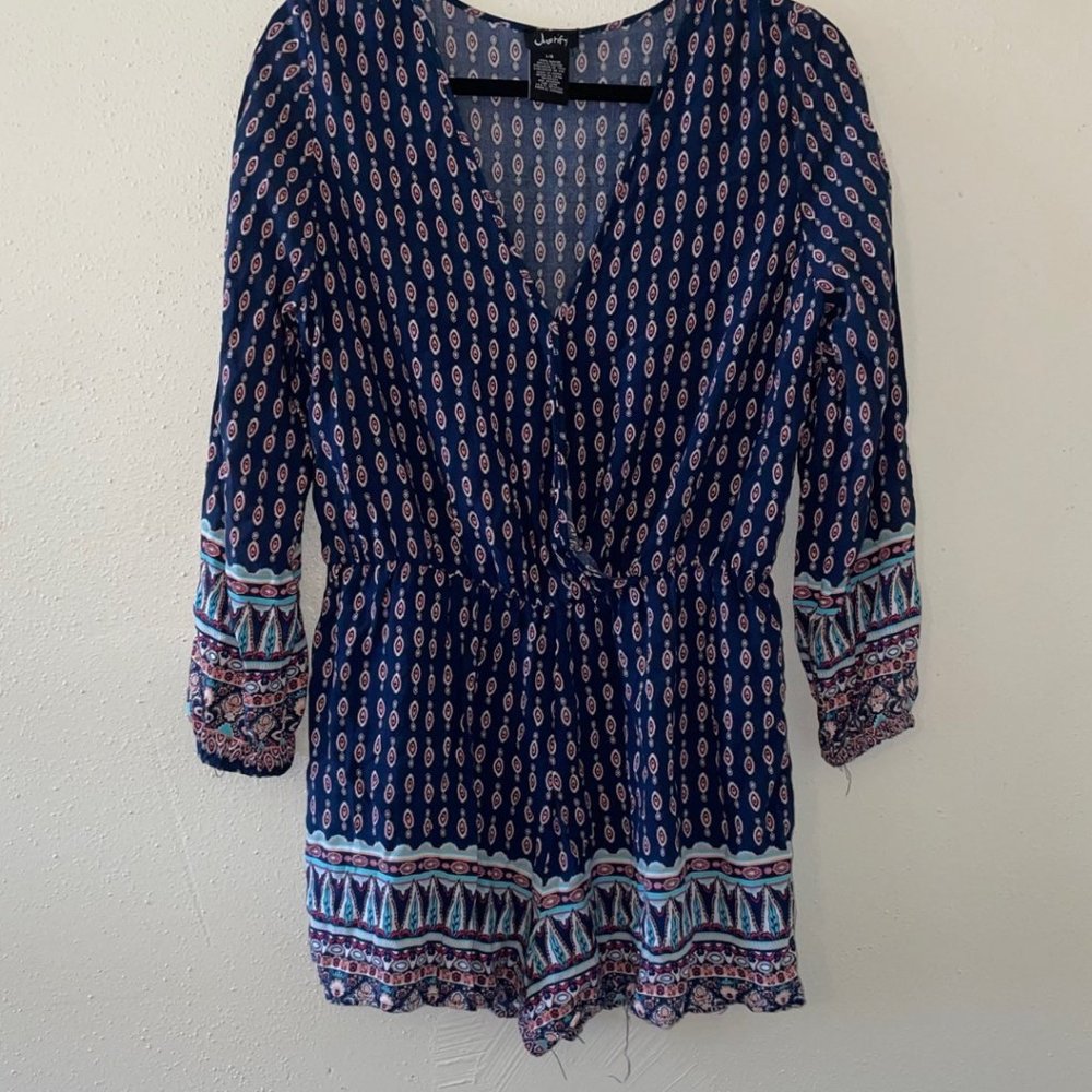 Justify Tunic Womens Size Large Multicolor Boho Deep V Neck Blue Multi Color